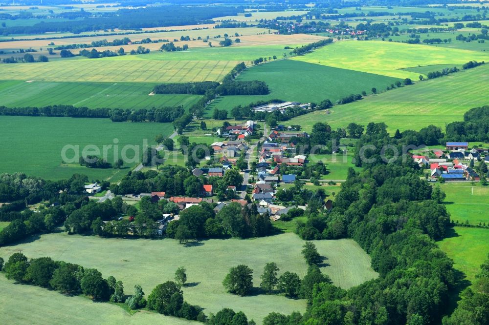 Gulow from the bird's eye view: Agricultural land and field borders surround the settlement area of the village in Gulow in the state Brandenburg, Germany