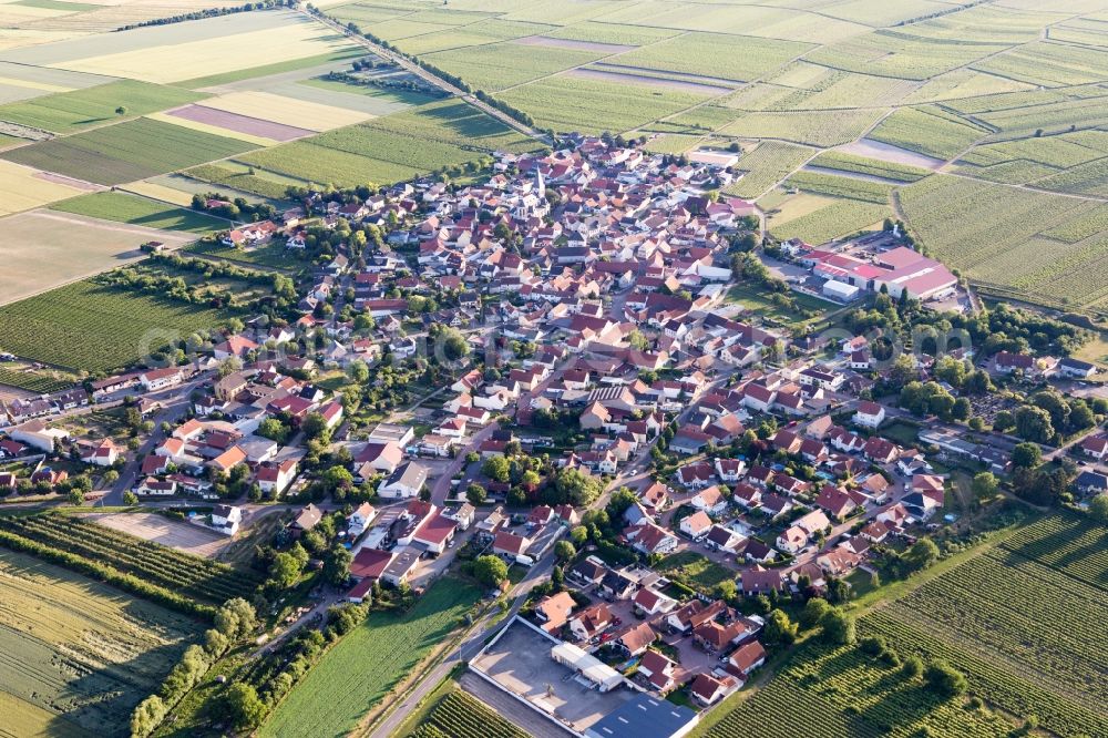 Aerial photograph Gundheim - Agricultural land and field borders surround the settlement area of the village in Gundheim in the state Rhineland-Palatinate, Germany