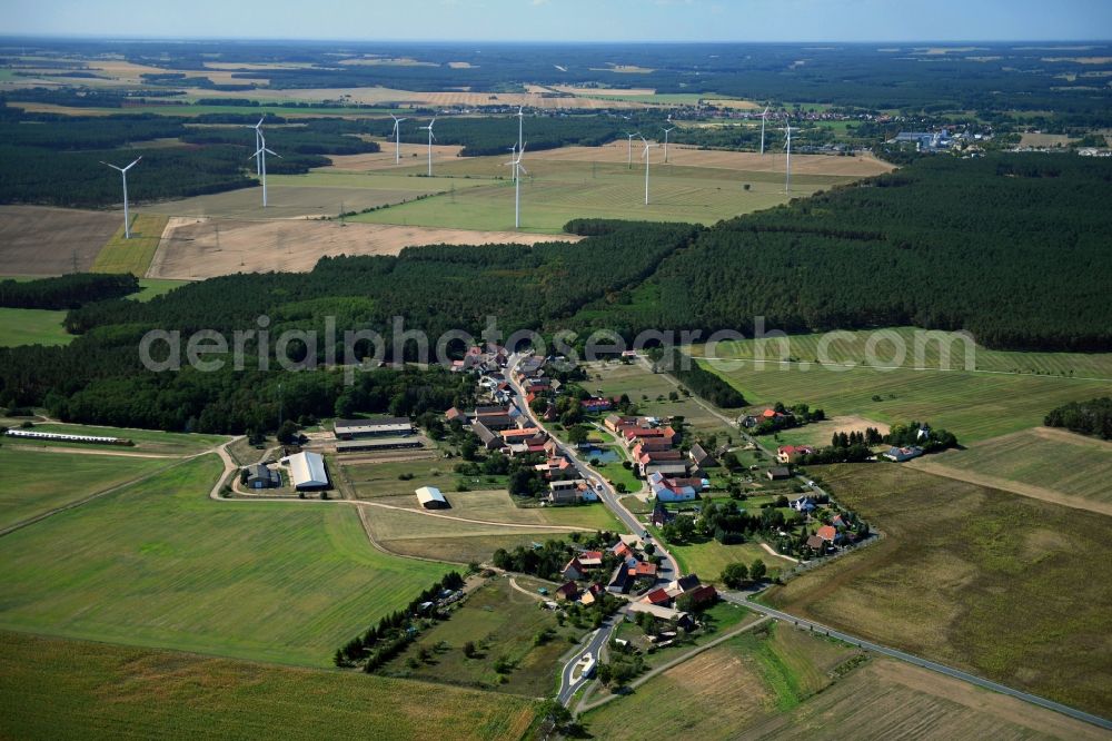 Aerial photograph Haseloff - Agricultural land and field borders surround the settlement area of the village in Haseloff in the state Brandenburg, Germany