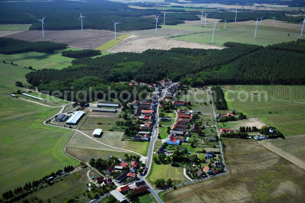 Aerial photograph Haseloff - Agricultural land and field borders surround the settlement area of the village in Haseloff in the state Brandenburg, Germany