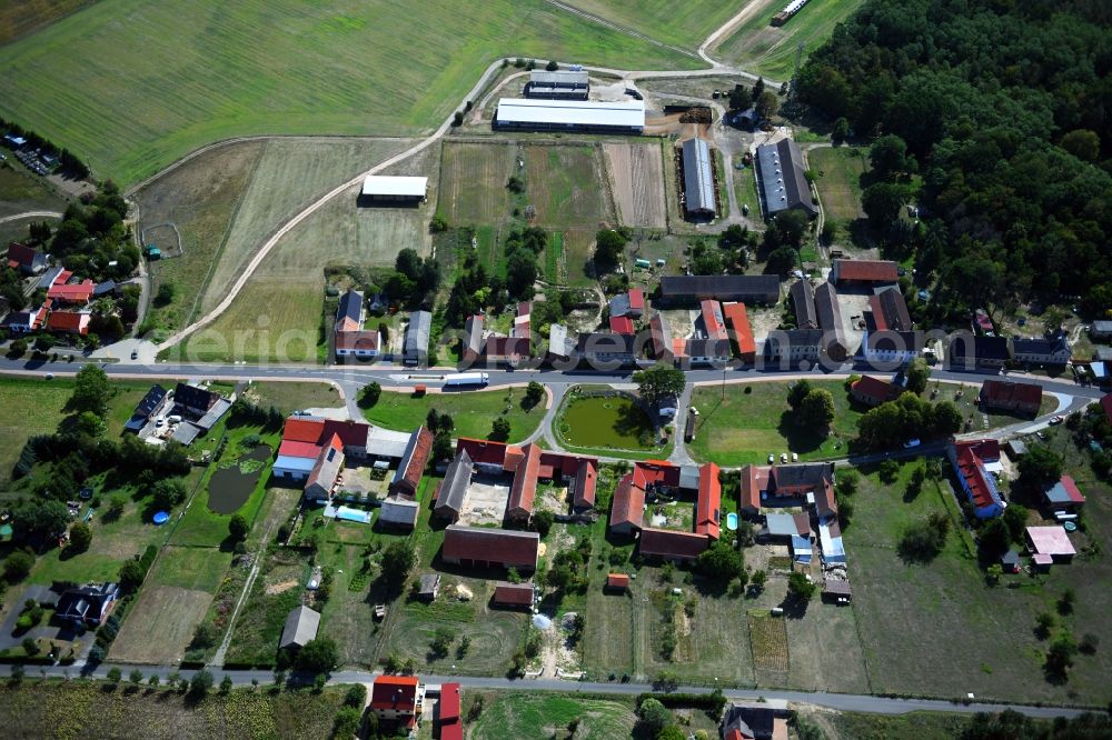 Haseloff from above - Agricultural land and field borders surround the settlement area of the village in Haseloff in the state Brandenburg, Germany