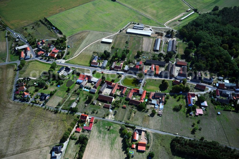 Haseloff from the bird's eye view: Agricultural land and field borders surround the settlement area of the village in Haseloff in the state Brandenburg, Germany