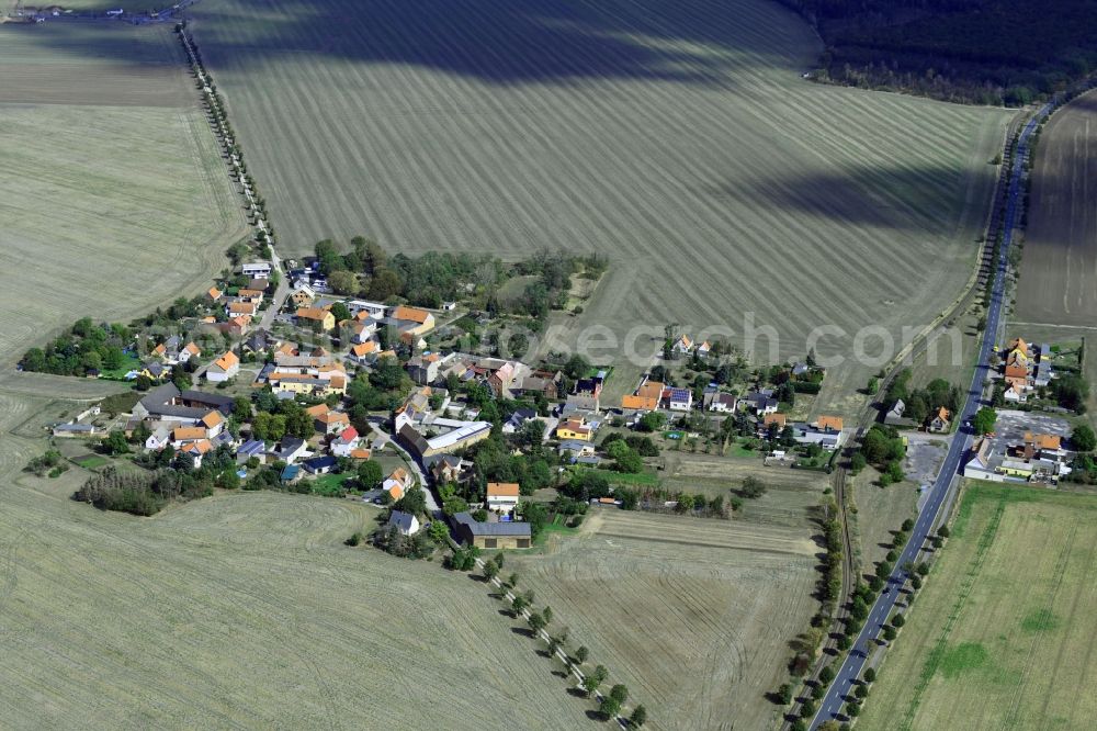 Heideloh from above - Agricultural land and field borders surround the settlement area of the village in Heideloh in the state Saxony-Anhalt, Germany