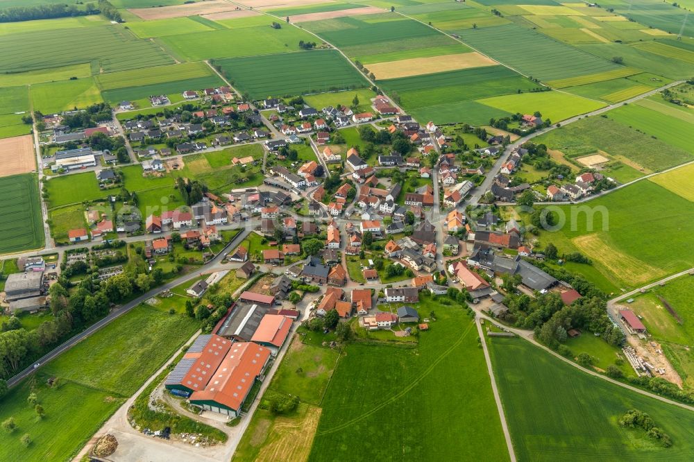 Hesperinghausen from the bird's eye view: Agricultural land and field borders surround the settlement area of the village in Hesperinghausen in the state Hesse, Germany