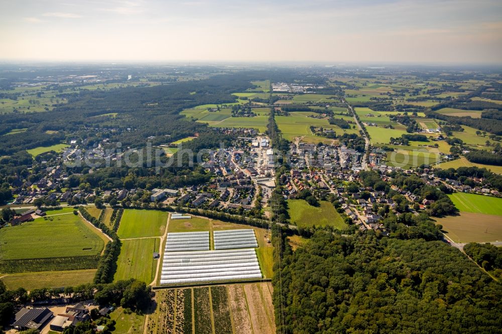 Hünxe from above - Agricultural land and field borders of the Schulte-Drevenack-Hof Dirk Buchmann surround the settlement area of the village along the Dinslakener Str. and the Huenxer Str. in Huenxe in the state North Rhine-Westphalia, Germany