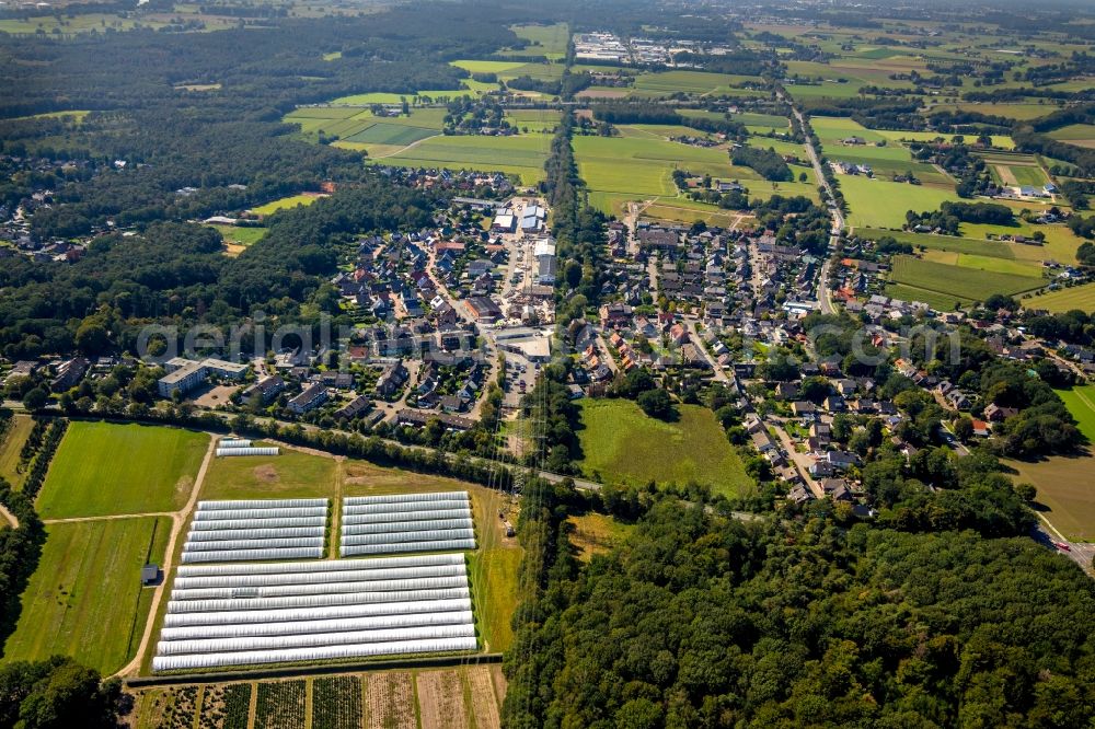 Hünxe from the bird's eye view: Agricultural land and field borders of the Schulte-Drevenack-Hof Dirk Buchmann surround the settlement area of the village along the Dinslakener Str. and the Huenxer Str. in Huenxe in the state North Rhine-Westphalia, Germany