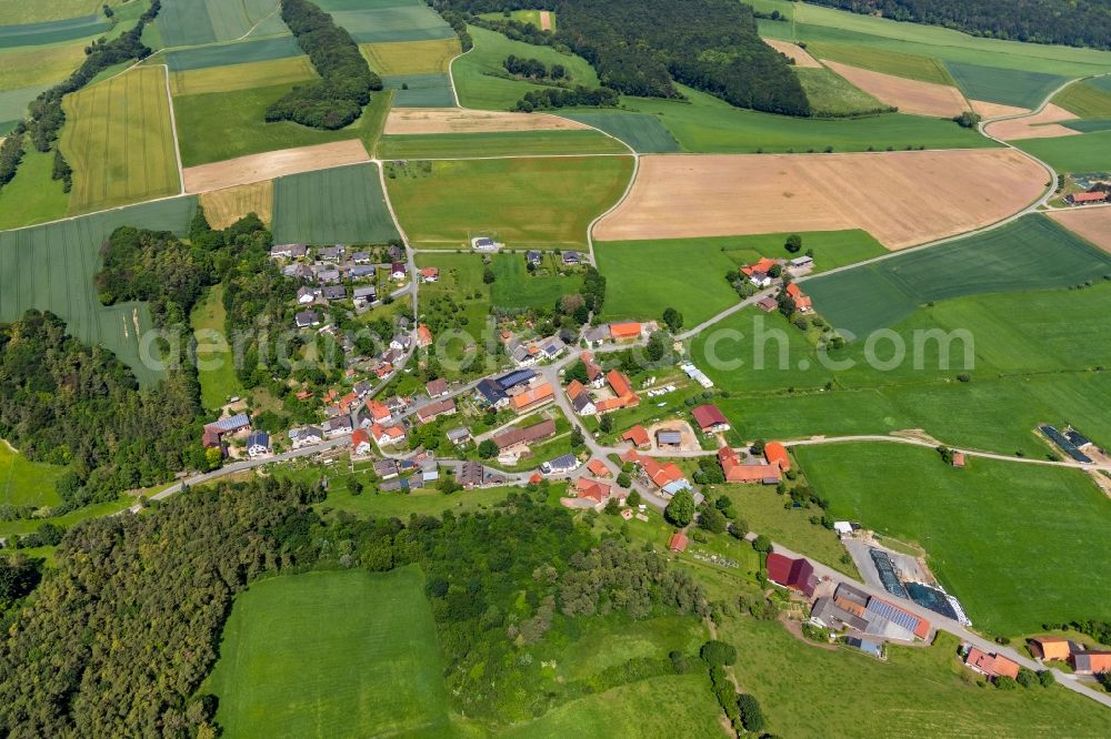 Aerial image Hörle - Agricultural land and field borders surround the settlement area of the village in Hoerle in the state Hesse, Germany