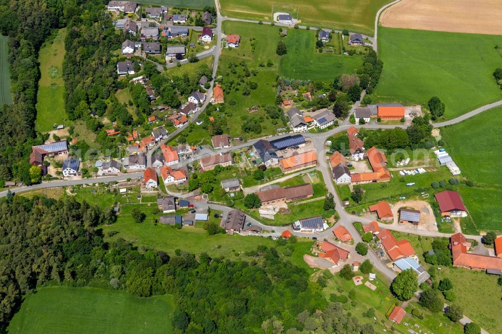 Aerial photograph Hörle - Agricultural land and field borders surround the settlement area of the village in Hoerle in the state Hesse, Germany