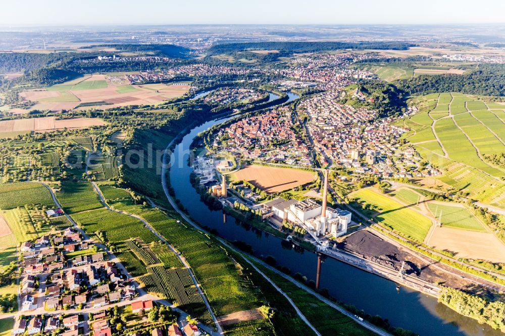 Walheim from above - Village and Power plant Walheim (EnBW) on the river bank areas of Neckar in Walheim in the state Baden-Wurttemberg, Germany