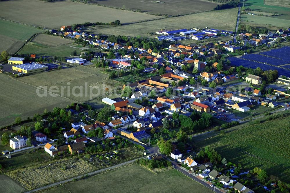 Aerial image Körbelitz - Agricultural land and field borders surround the settlement area of the village in Koerbelitz in the state Saxony-Anhalt, Germany