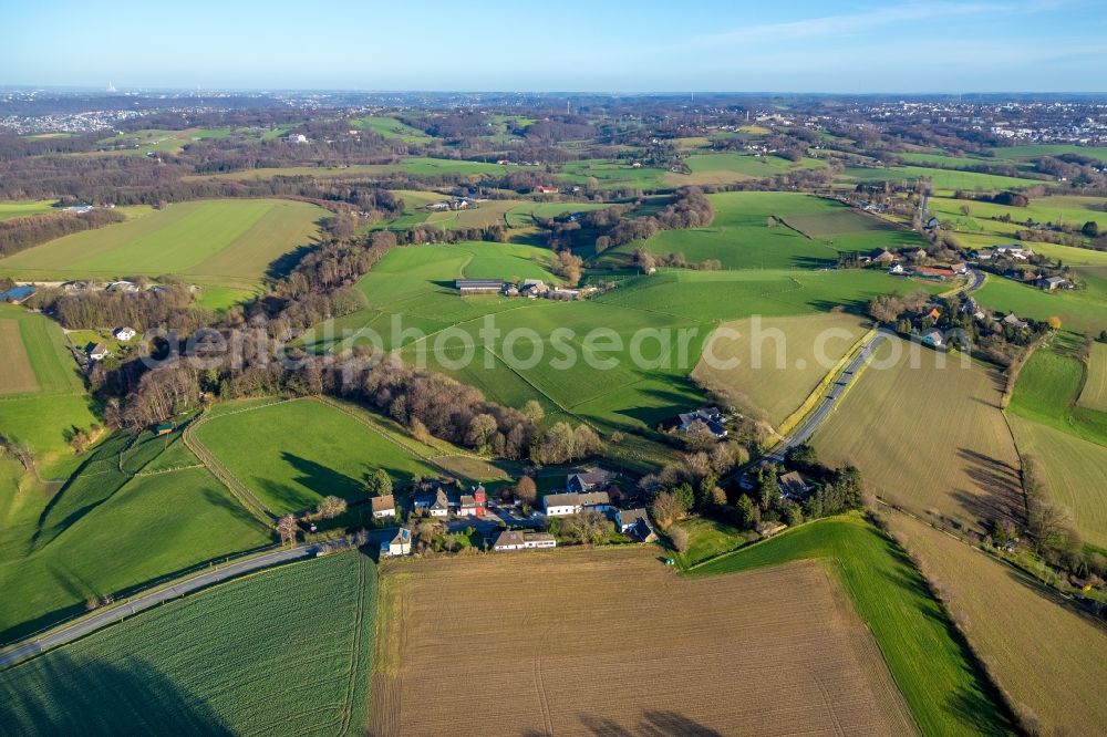 Laupendahl from above - Agricultural land and field borders surround the settlement area of the village in Laupendahl in the state North Rhine-Westphalia, Germany