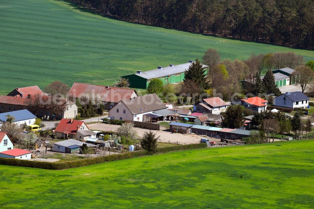 Lindenhof from the bird's eye view: Agricultural land and field borders surround the settlement area of the village in Lindenhof in the state Brandenburg, Germany