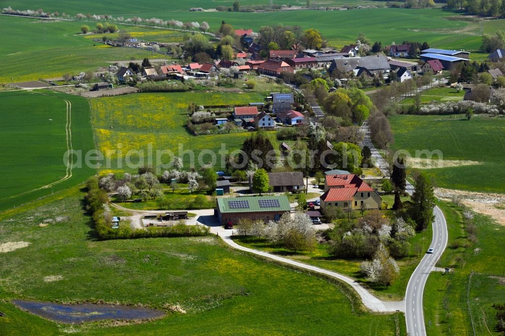 Lüttenhagen from above - Agricultural land and field borders surround the settlement area of the village in Luettenhagen in the state Mecklenburg - Western Pomerania, Germany