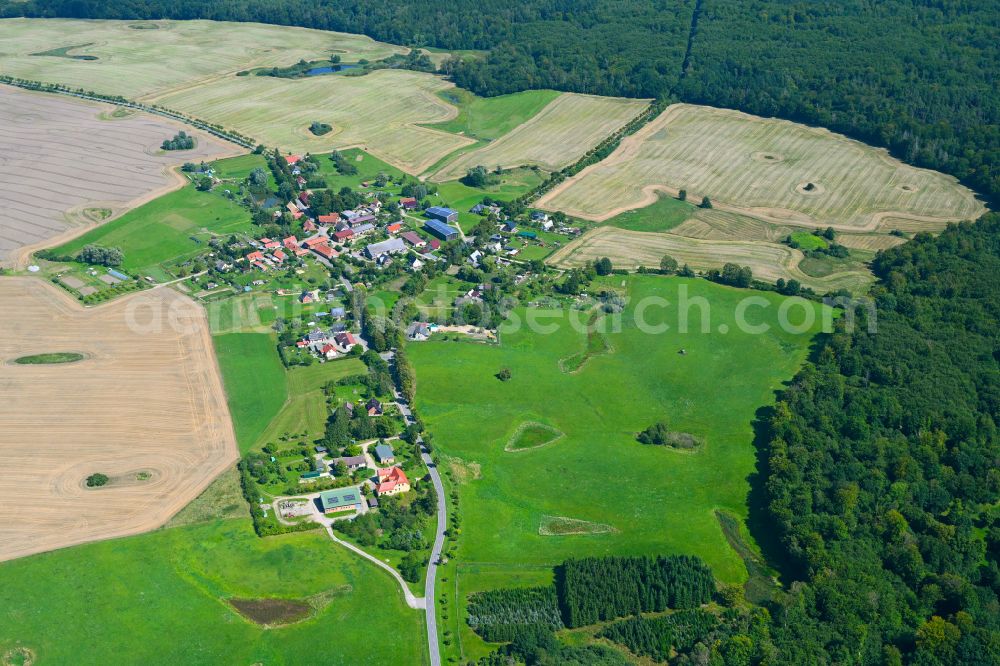 Aerial image Lüttenhagen - Agricultural land and field borders surround the settlement area of the village in Luettenhagen in the state Mecklenburg - Western Pomerania, Germany