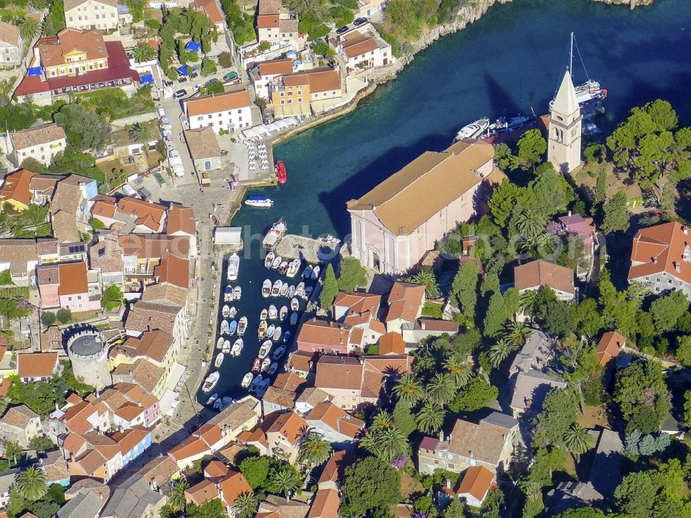 Aerial image Veli Losinj - Village on marine coastal area of Adria in Veli Losinj in , Croatia. Originally the first settlement on the island of LoA?inj. With picturesque harbor