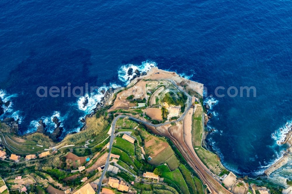 Aerial image Banyalbufar - Village on marine coastal area of Balearic Sea in Banyalbufar in Balearic Islands, Spain