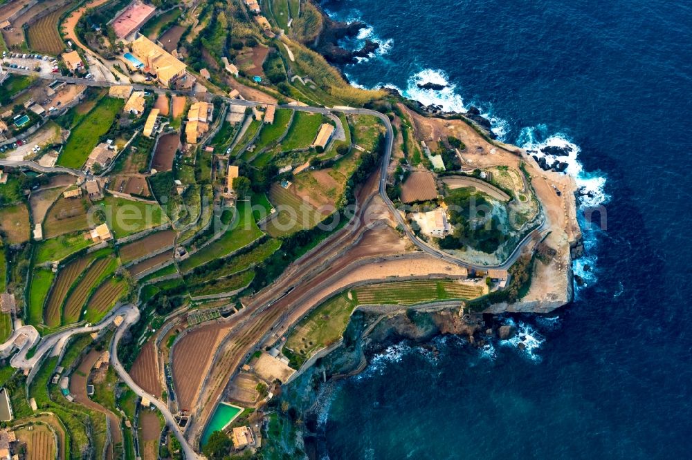 Banyalbufar from the bird's eye view: Village on marine coastal area of Balearic Sea in Banyalbufar in Balearic Islands, Spain