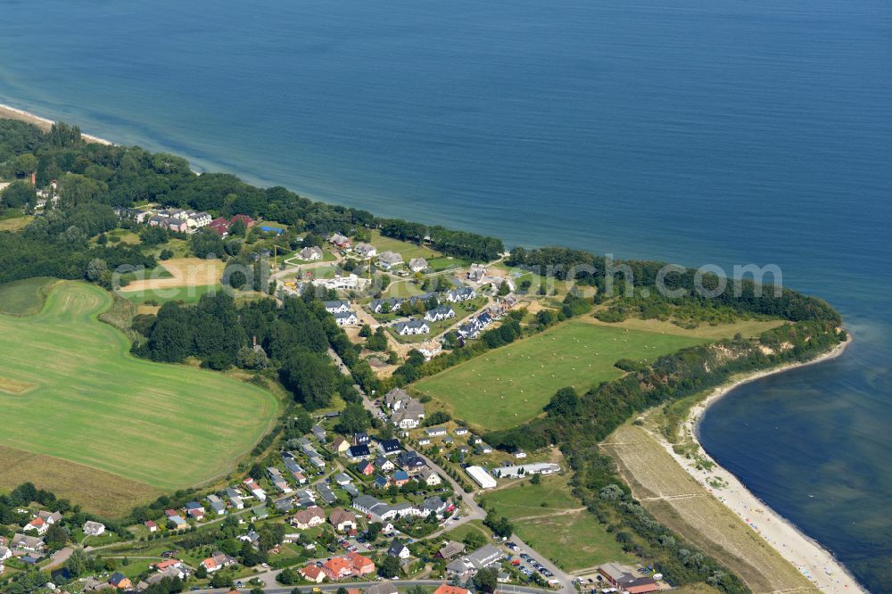 Lobbe from above - Village on marine coastal area of of Baltic Sea in Lobbe on the island of Ruegen in the state Mecklenburg - Western Pomerania, Germany