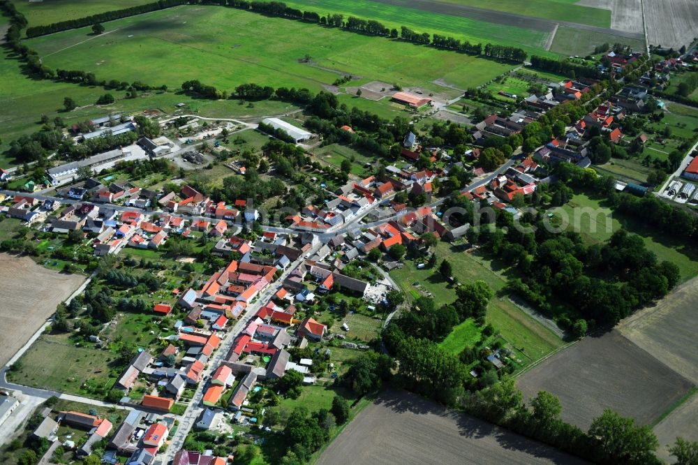 Aerial photograph Mühlenfließ - Agricultural land and field borders surround the settlement area of the village in Muehlenfliess in the state Brandenburg, Germany