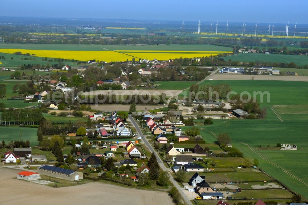 Mildenberg from the bird's eye view: Agricultural land and field borders surround the settlement area of the village in Mildenberg in the state Brandenburg, Germany