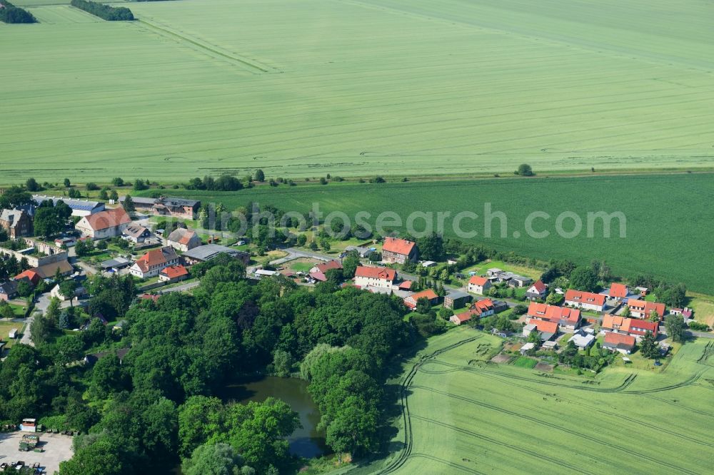 Mulmke from the bird's eye view: Agricultural land and field borders surround the settlement area of the village in Mulmke in the state Saxony-Anhalt, Germany