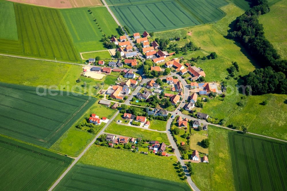 Neu-Berich from above - Agricultural land and field borders surround the settlement area of the village in Neu-Berich in the state Hesse, Germany