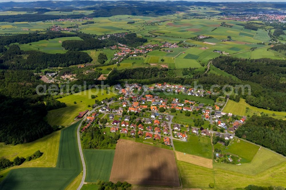 Obernburg from the bird's eye view: Agricultural land and field borders surround the settlement area of the village in Obernburg in the state Hesse, Germany