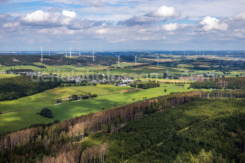 Aerial image Brilon - Agricultural land and field borders surround the settlement area of the village in the district Altenbueren in Brilon in the state North Rhine-Westphalia, Germany