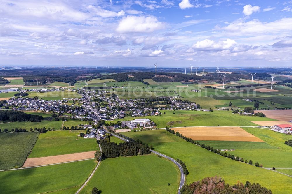 Aerial photograph Brilon - Agricultural land and field borders surround the settlement area of the village in the district Altenbueren in Brilon in the state North Rhine-Westphalia, Germany