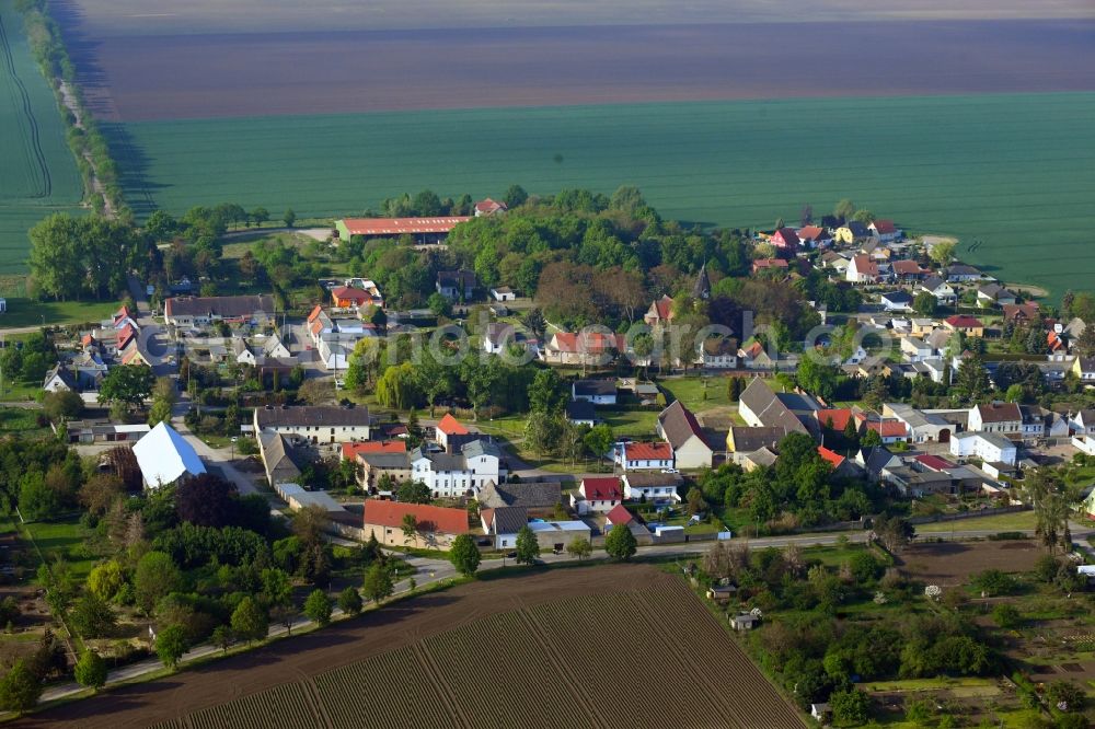 Poley from above - Agricultural land and field borders surround the settlement area of the village in Poley in the state Saxony-Anhalt, Germany