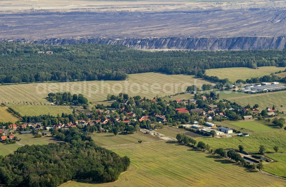 Proschim from above - Agricultural land and field borders surround the settlement area of the village in Proschim in the state Brandenburg, Germany