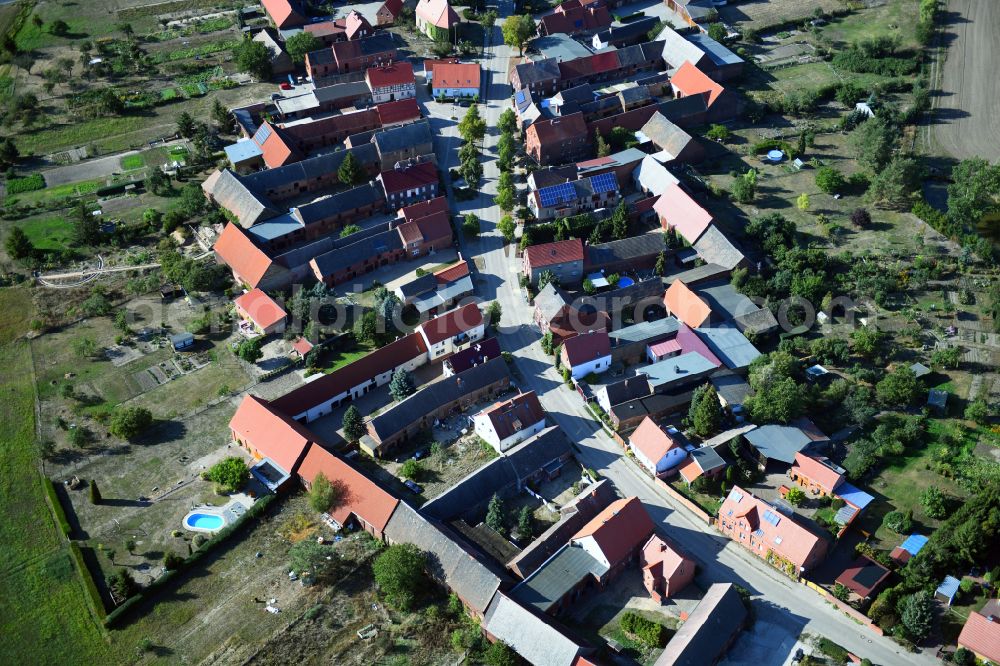 Aerial image Selbitz - Agricultural land and field boundaries with the power plants surround the settlement area of the village on street Dorfstrasse in Selbitz in the state Saxony-Anhalt, Germany