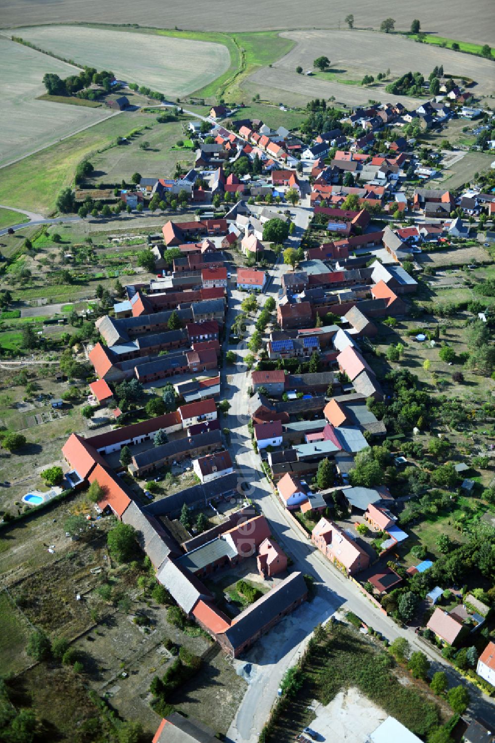 Selbitz from above - Agricultural land and field boundaries with the power plants surround the settlement area of the village on street Dorfstrasse in Selbitz in the state Saxony-Anhalt, Germany