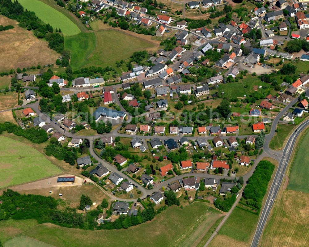 Reichenbach from above - Centre of Reichenbach in the state of Rhineland-Palatinate. The borough and municipiality is located on the creek of the same name in the county district of Birkenfeld, surrounded by fields and forest