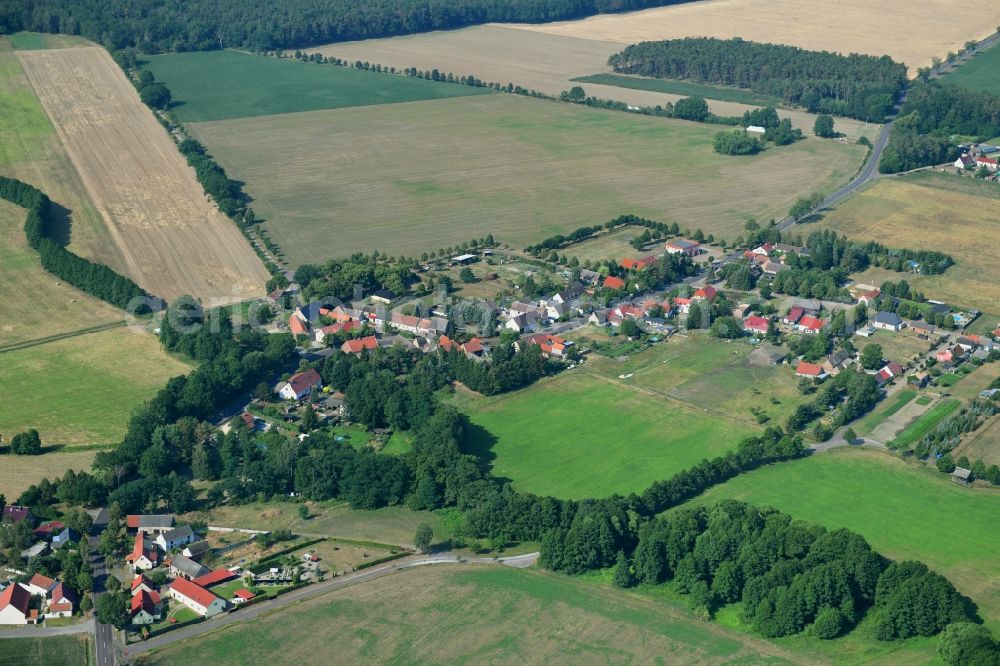 Schopsdorf from the bird's eye view: Agricultural land and field borders surround the settlement area of the village in Schopsdorf in the state Saxony-Anhalt, Germany