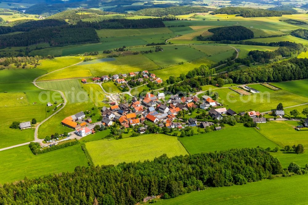 Schweinsbühl from the bird's eye view: Agricultural land and field borders surround the settlement area of the village in Schweinsbuehl in the state Hesse, Germany