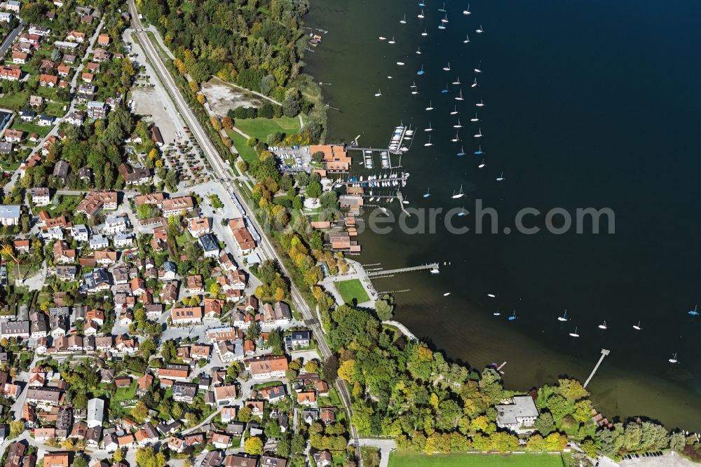 Aerial image Dießen am Ammersee - Village on the lake bank areas of Ammersee in Diessen am Ammersee in the state Bavaria, Germany