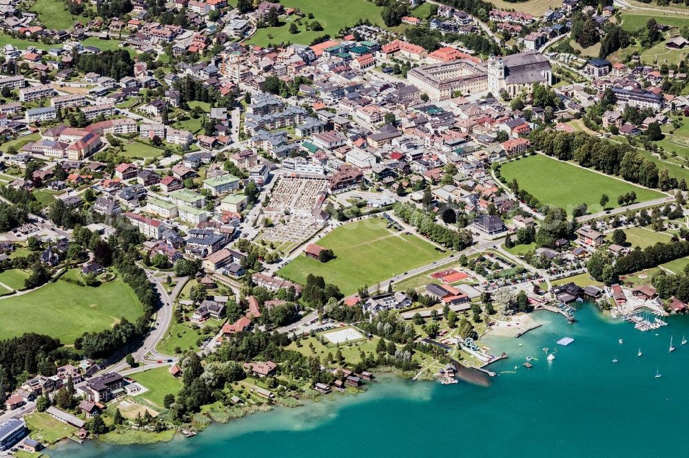 Mondsee from above - Village on the lake bank areas of Mondsee in Mondsee in Oberoesterreich, Austria