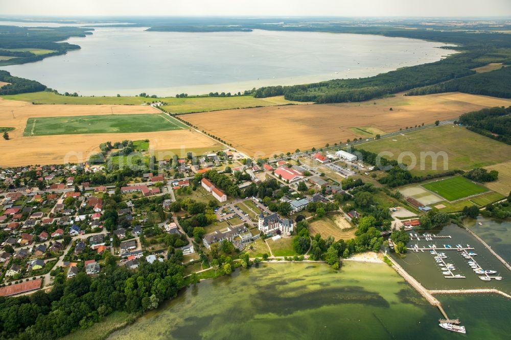 Klink from above - Village on the lake bank areas of lake Mueritz and Koelpinlake in the background in Klink in the state Mecklenburg - Western Pomerania