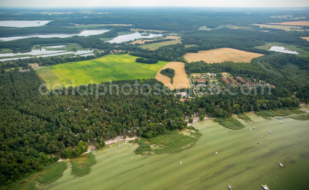 Boeker Mühle from the bird's eye view: Village on the lake bank areas of lake Mueritz with forest- and grassland in Boeker Muehle in the state Mecklenburg - Western Pomerania