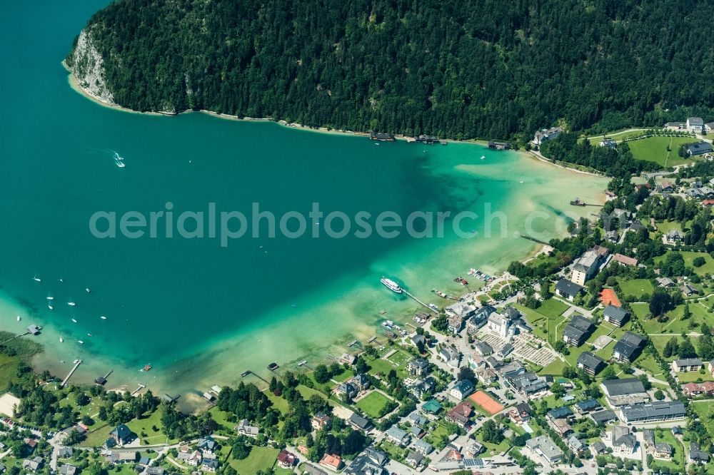 Strobl from the bird's eye view: Village on the lake bank areas of Wolfgangsees in Strobl in Salzburg, Austria