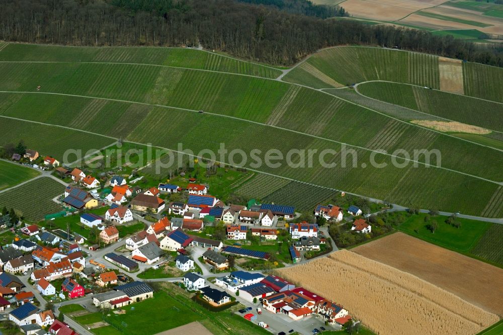 Aerial image Siebeneich - Agricultural land and field borders surround the settlement area of the village in Siebeneich in the state Baden-Wurttemberg, Germany