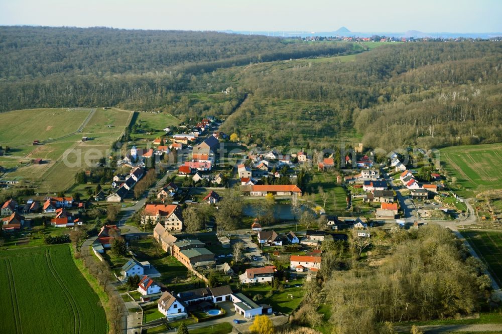 Aerial image Sittichenbach - Agricultural areas and forests around the settlement area of a??a??the village in Sittichenbach in the state Saxony-Anhalt, Germany