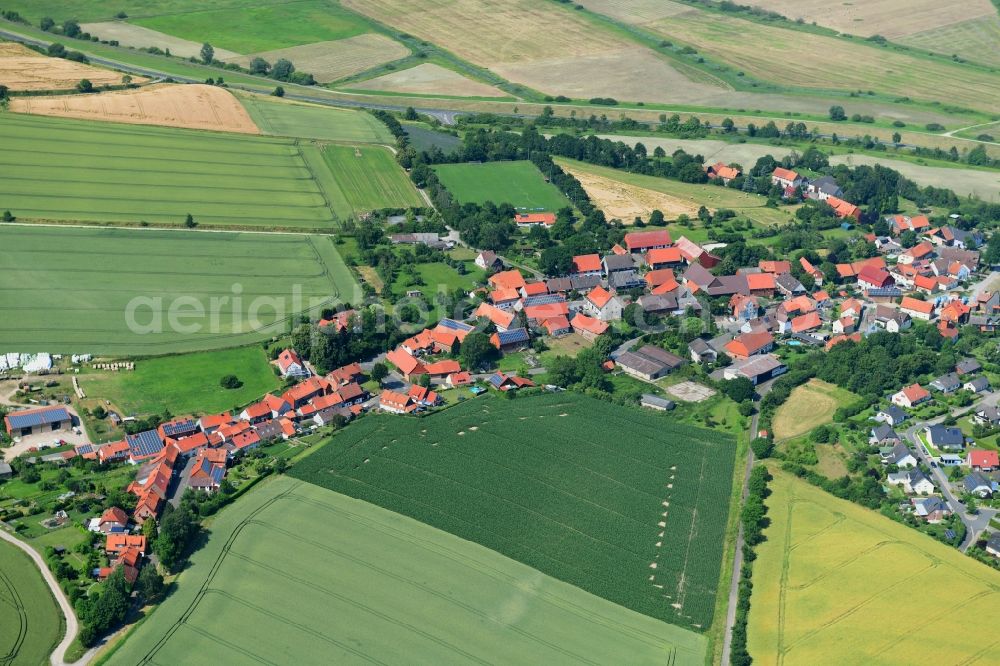 Sülbeck from the bird's eye view: Agricultural land and field borders surround the settlement area of the village in Suelbeck in the state Lower Saxony, Germany