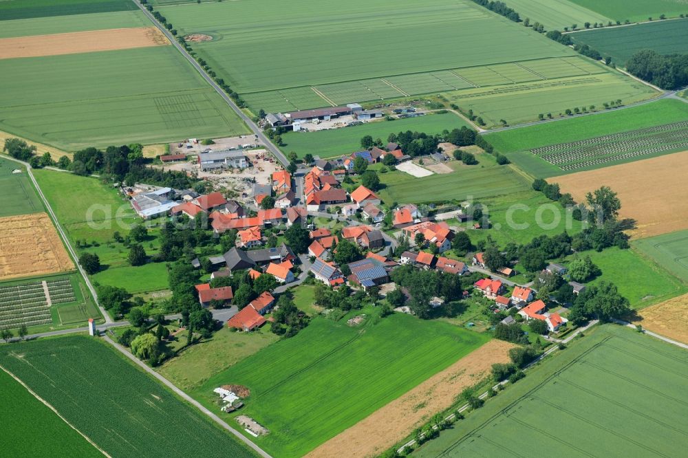 Aerial photograph Strodthagen - Agricultural land and field borders surround the settlement area of the village in Strodthagen in the state Lower Saxony, Germany