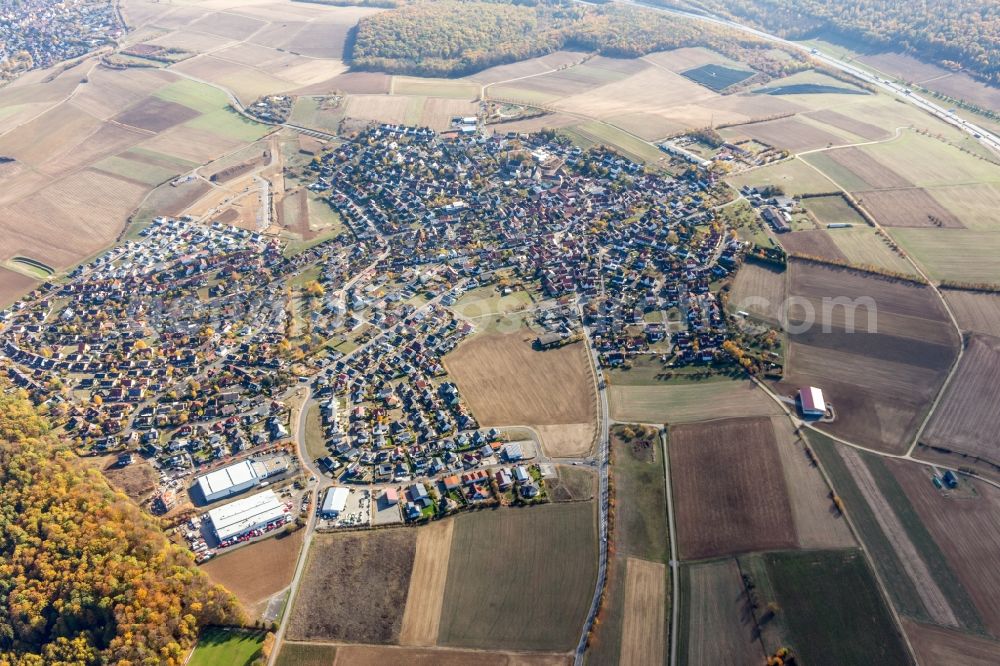 Waldbrunn from the bird's eye view: Agricultural land and field borders surround the settlement area of the village in Waldbrunn in the state Bavaria, Germany