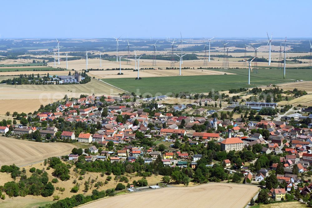 Aerial photograph Frauenprießnitz - Agricultural areas and field boundaries with wind turbines surround the settlement area of the village in Frauenpriessnitz in the state Thuringia, Germany