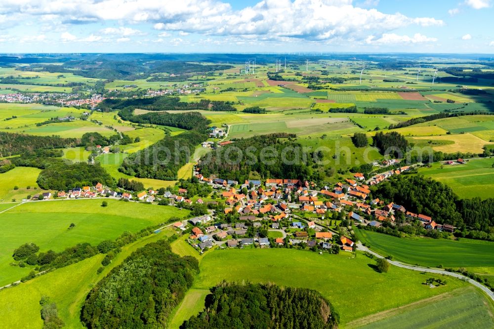 Aerial image Wirmighausen - Agricultural land and field borders surround the settlement area of the village in Wirmighausen in the state Hesse, Germany