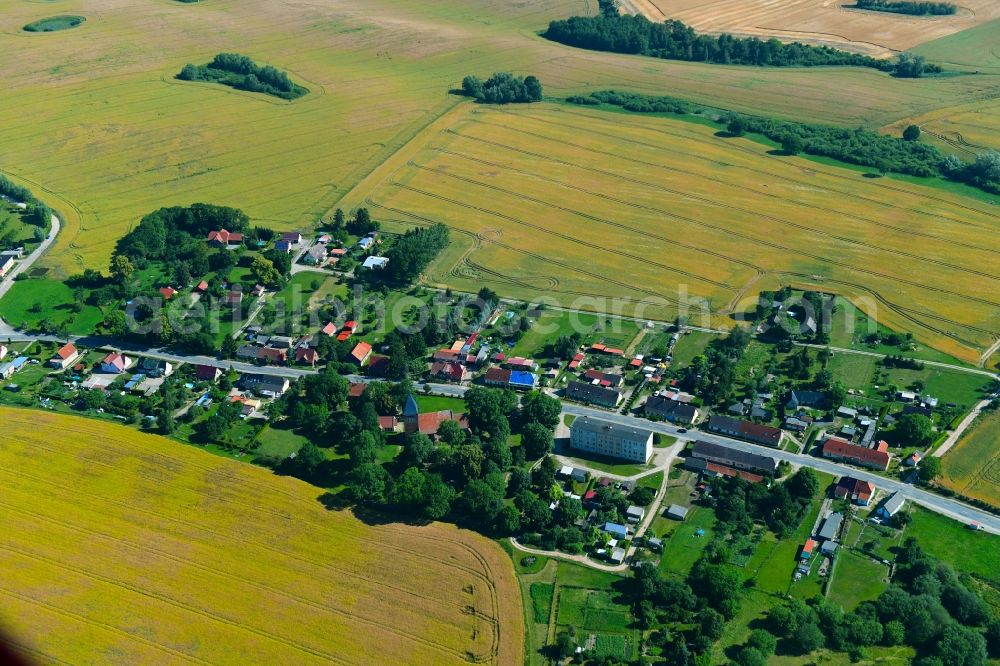 Zettemin from above - Agricultural land and field borders surround the settlement area of the village in Zettemin in the state Mecklenburg - Western Pomerania, Germany