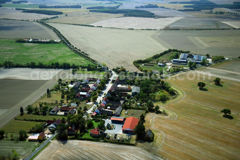 Zixdorf from the bird's eye view: Agricultural land and field borders surround the settlement area of the village in Zixdorf in the state Brandenburg, Germany